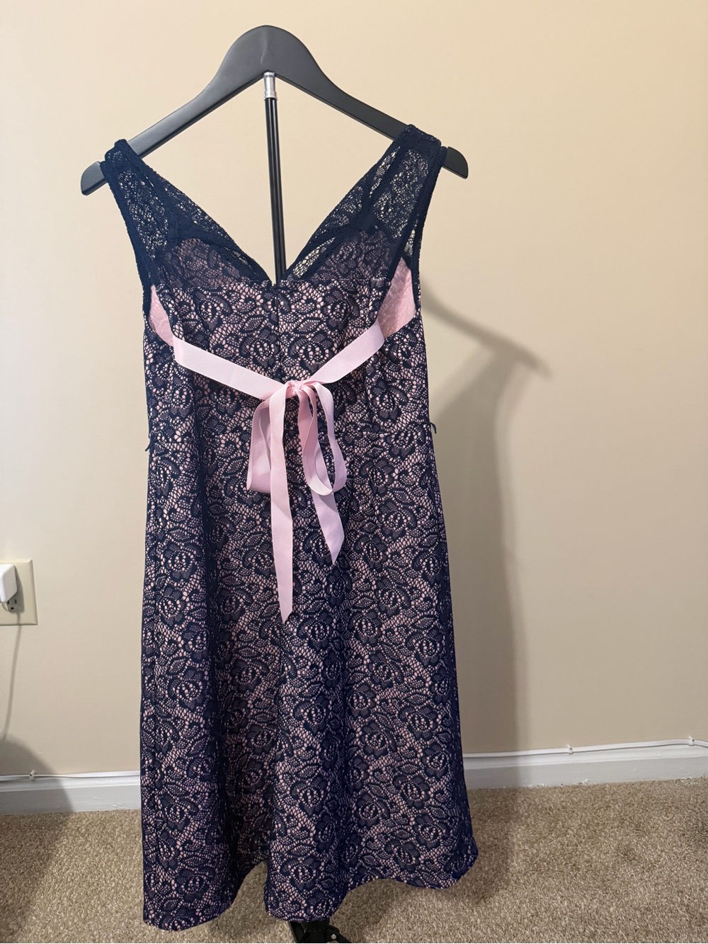 Motherhood Maternity Navy Lace Midi Dress with Pink Ribbon
